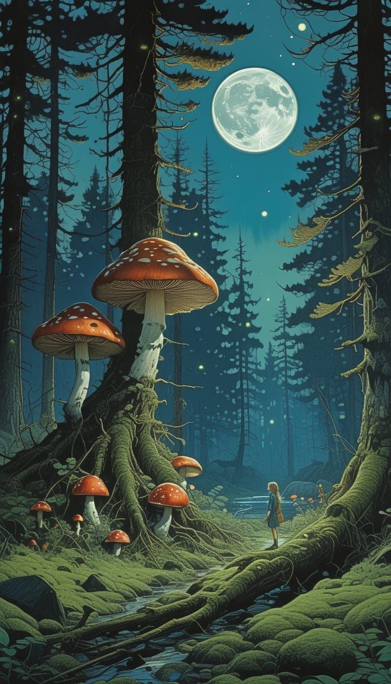 Mystical Nighttime Forest Scene with Glowing Mushrooms