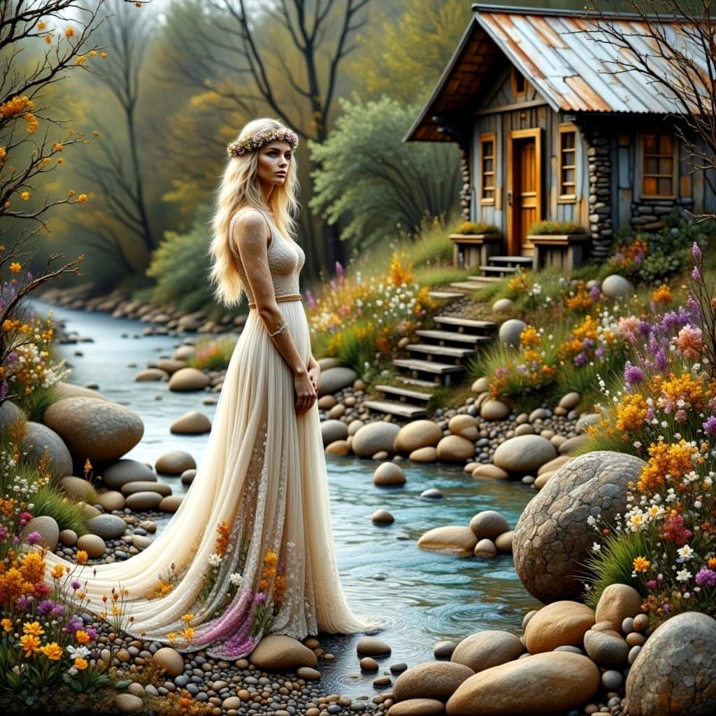 Surreal Goddess Embracing Nature in Whimsical Pebble Art