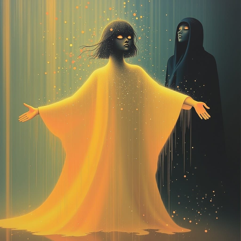 Joyful Figure in Shimmering Golden Robe, Surrounded by Myste...