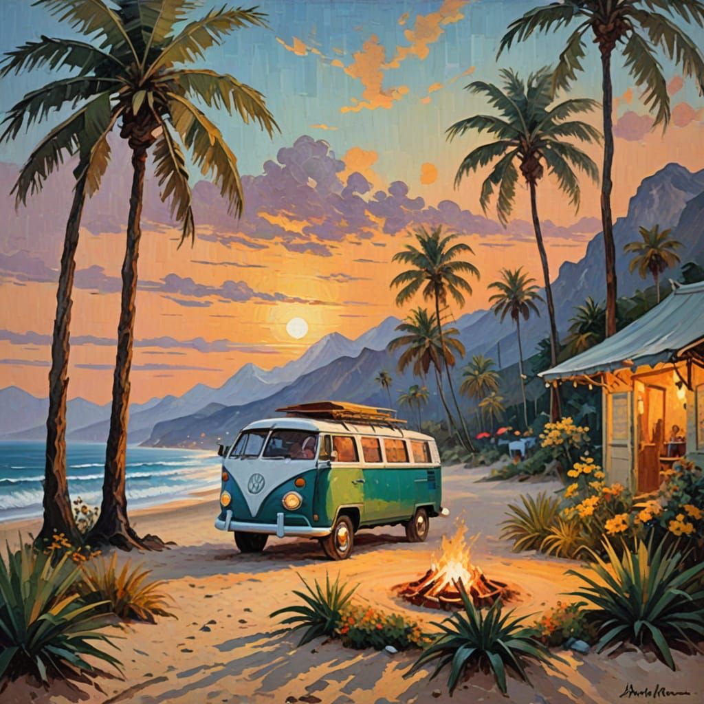 VW Van on Magical Beach: Impressionist Oil Painting