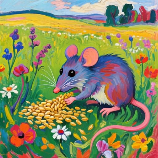 Whimsical Mouse Stealing Grain in Fauvist Style