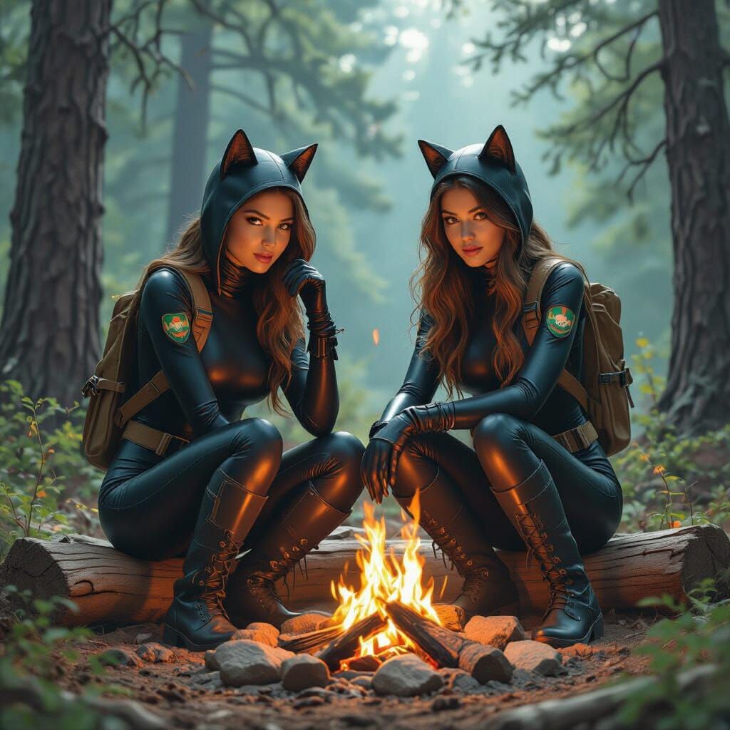 Girl Scouts by a Campfire in Futuristic Style