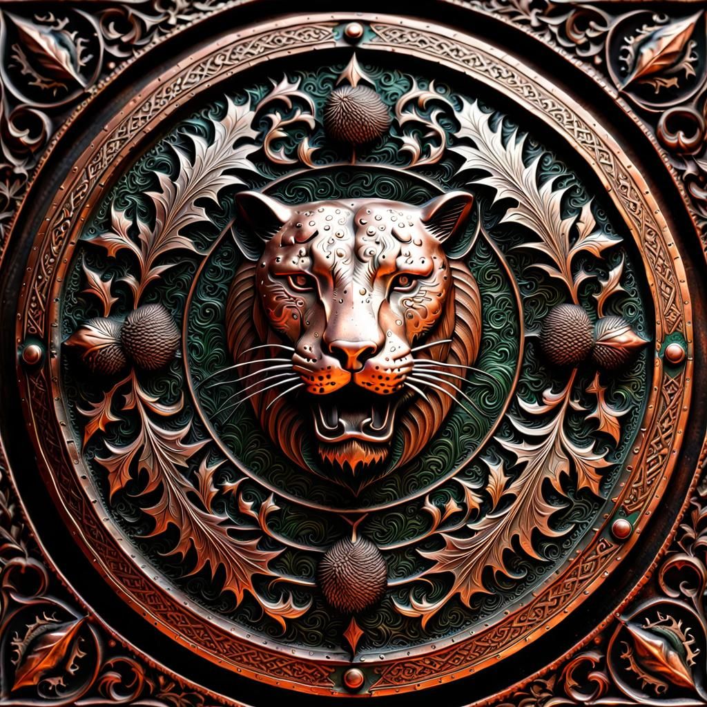 Ornate Copper Shield with Panther and Thistle Design