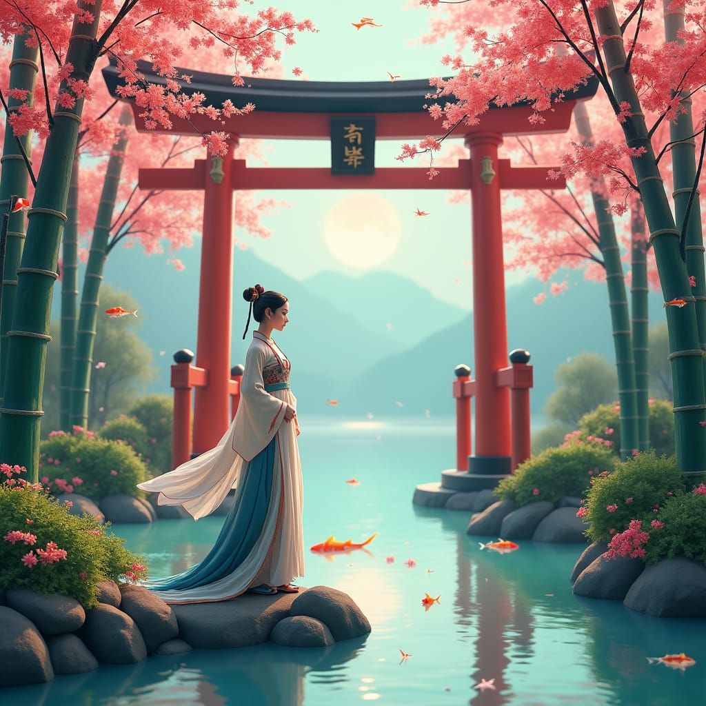 East Asian Woman in Traditional Dress by Koi Pond