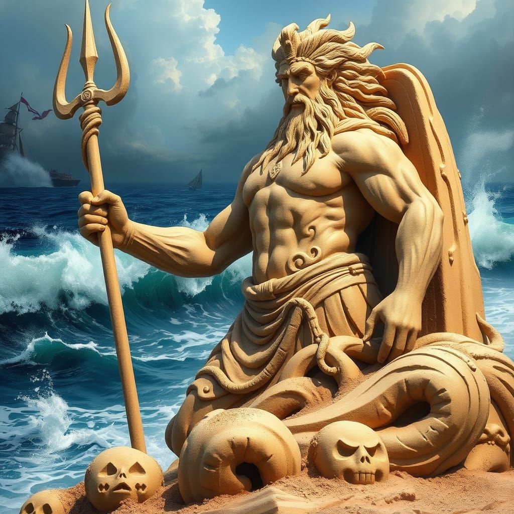 Majestic Poseidon Sand Sculpture with Turbulent Ocean Backdr...