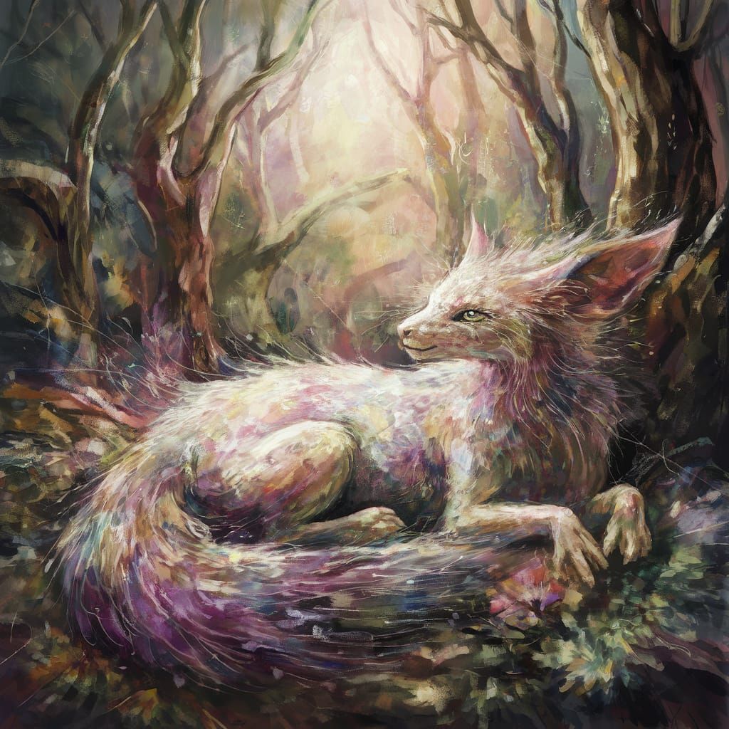 Mythical Creature in Vibrant, Dreamlike Enchanted Forest