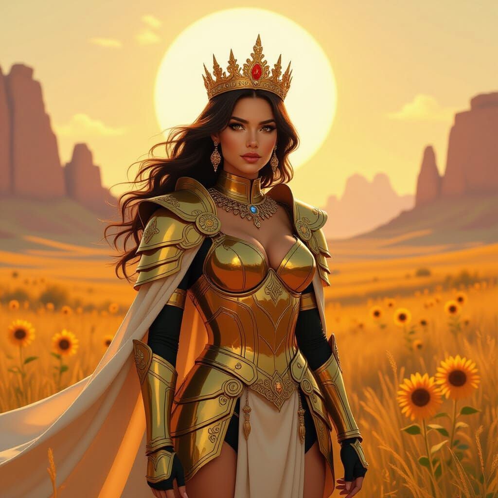 Regal Woman in Golden Armor, Sun-Kissed Landscape