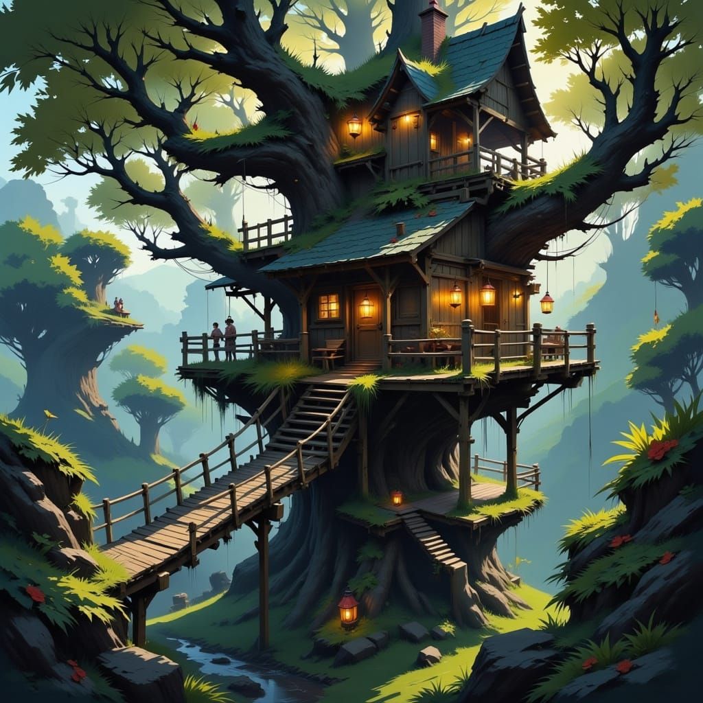 Ethereal Treehouse with Rope Bridges and Lanterns in Whimsic...