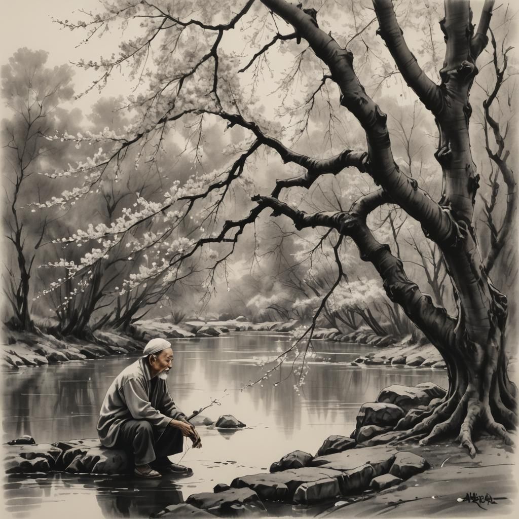 Peaceful Sumi-e Cherry Trees by River