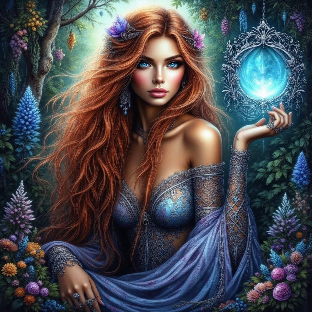 Ethereal Woman at Forest Portal in Digital Art Style