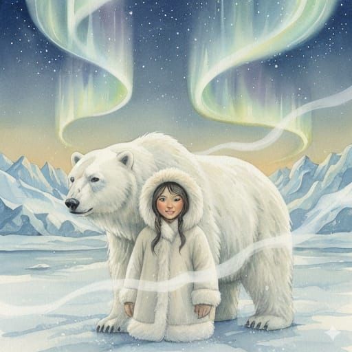 Inuit Woman and Polar Bear Under Northern Lights in Watercol...