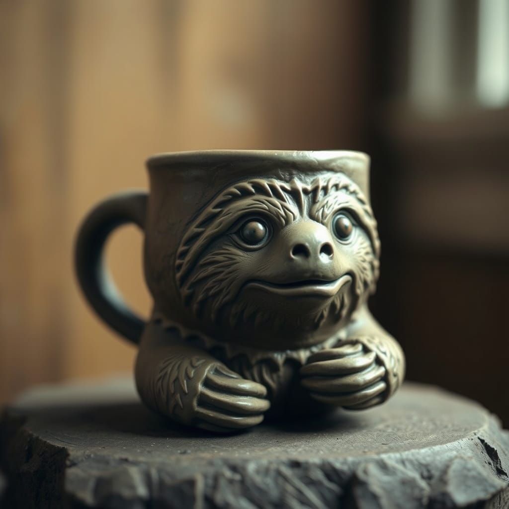 Norwegian Clay Sloth Mug, Cinematic Film Still