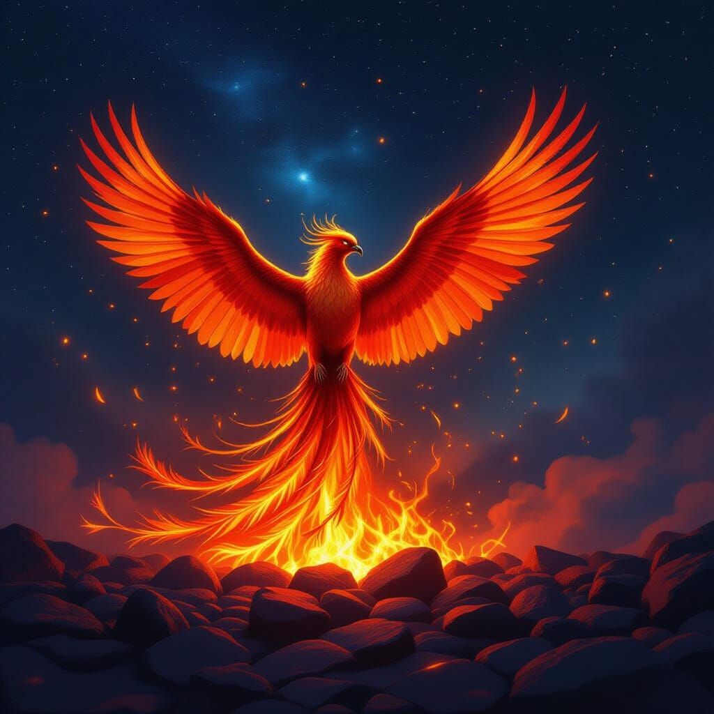 Majestic Phoenix Rises From Embers in Cosmic Night Sky