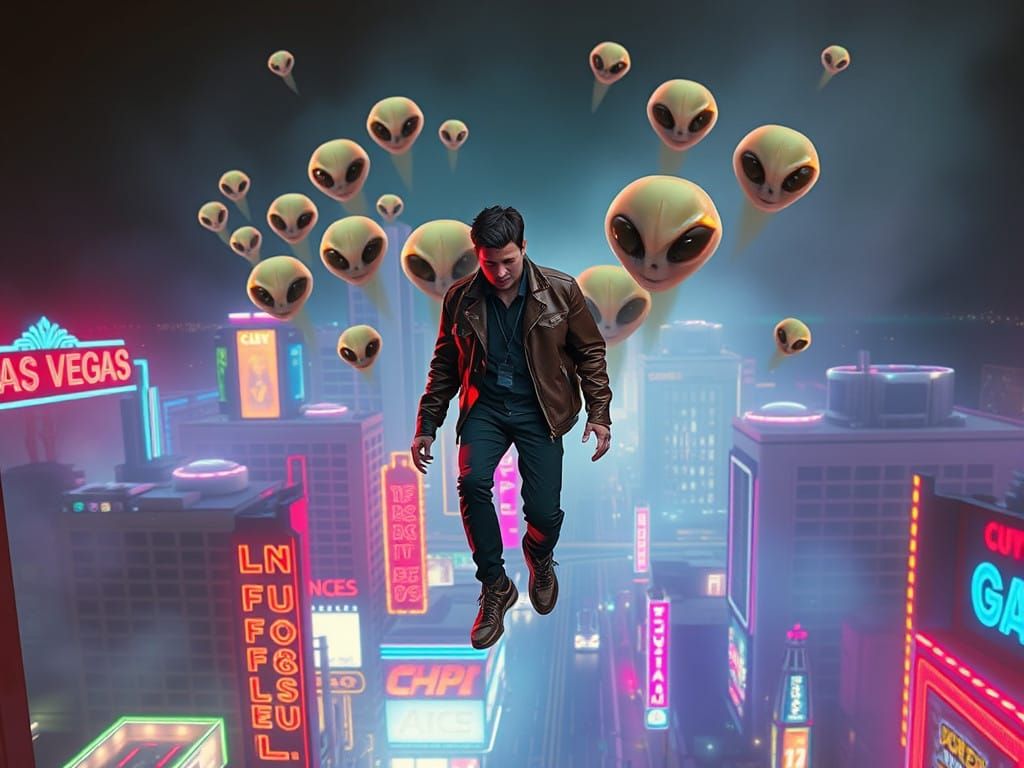 Human Encountered by Alien Beings above Neon Las Vegas