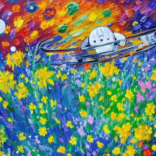 Astronaut in Flower Garden: Expressionist Oil Painting