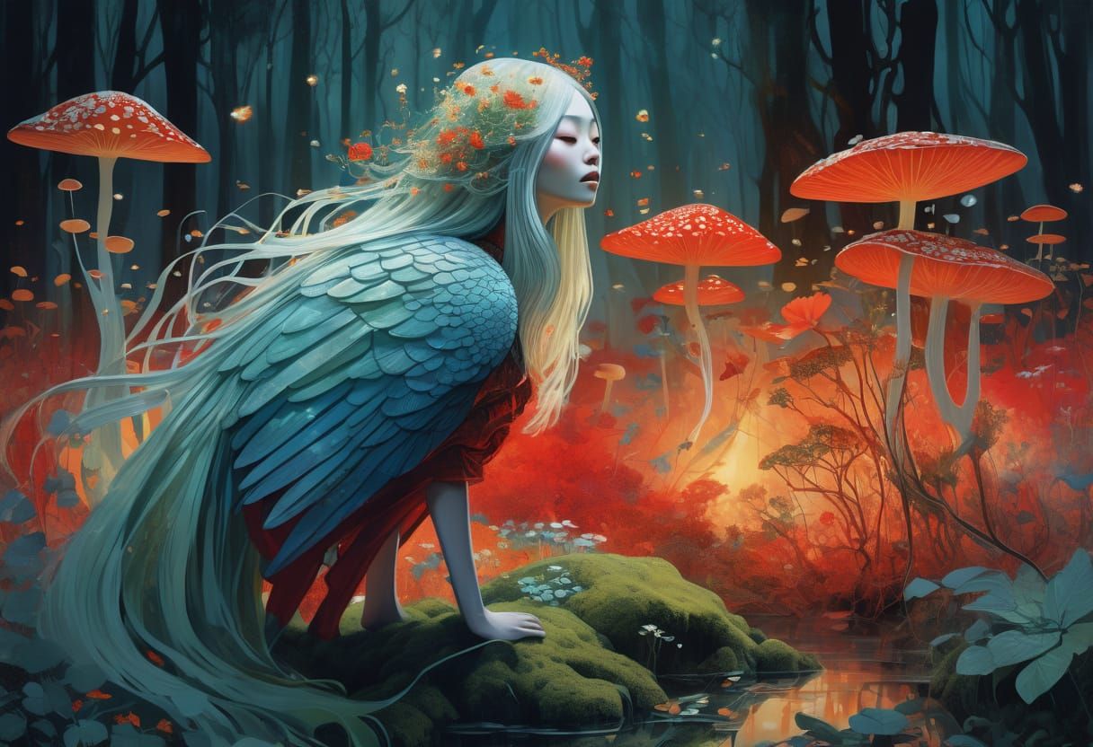 Ethereal Woman in Moonlit Glade with Wildflowers