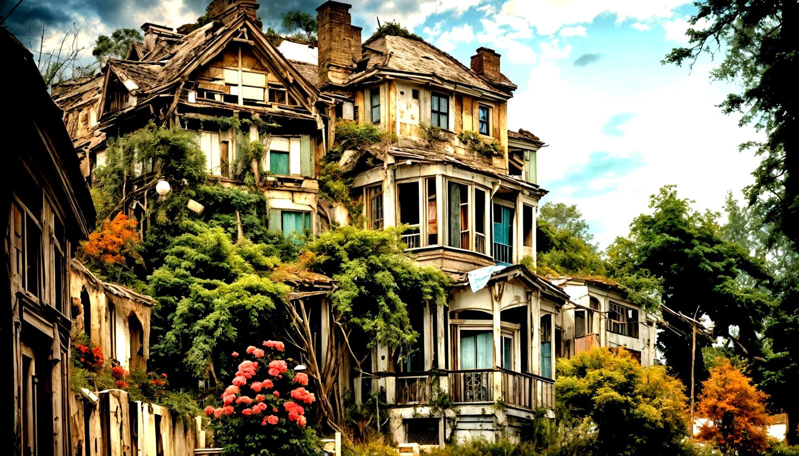 Dilapidated House in Flower Garden: Impressionist Digital Ar...