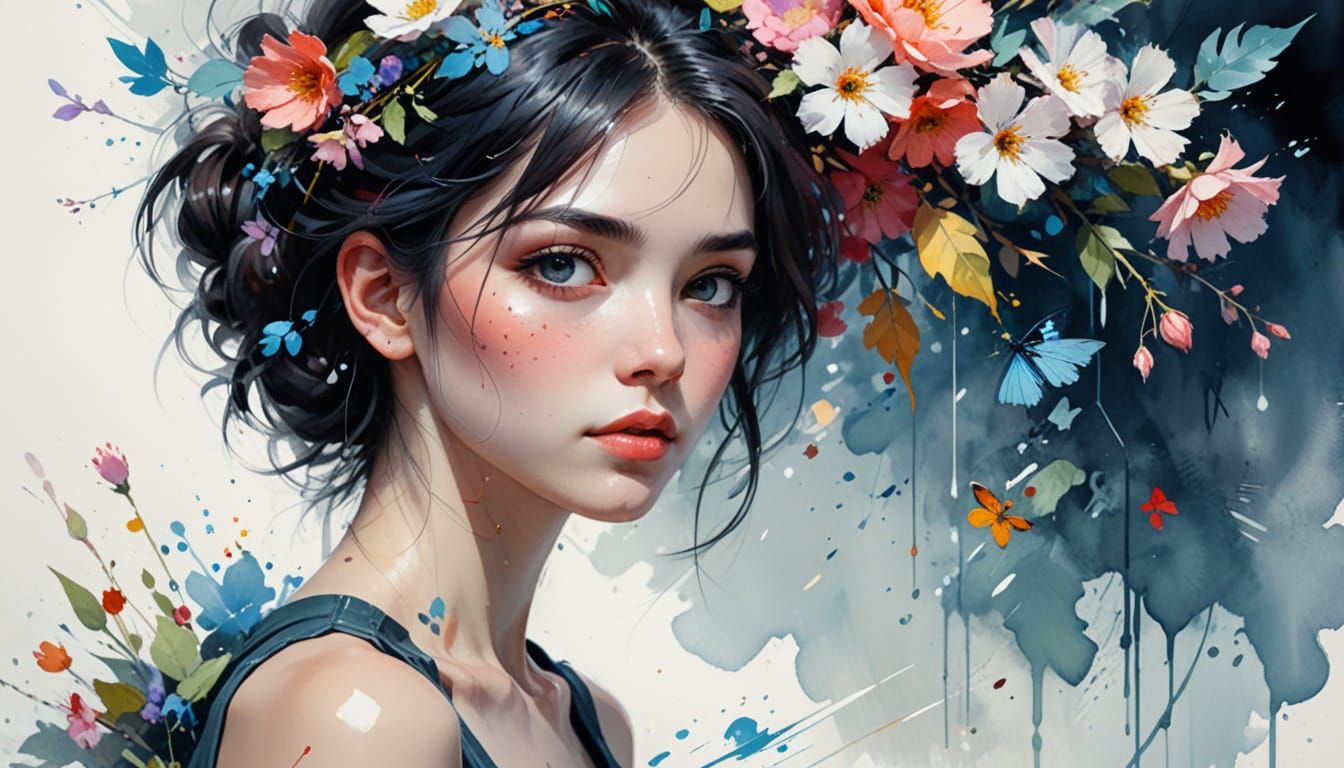 Woolly Mammoth and Humans Under Cherry Blossoms in Park