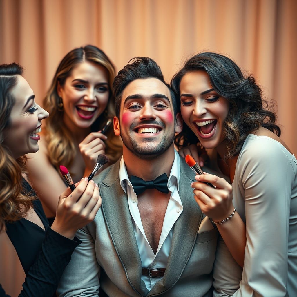 Playful Women Apply Makeup to Crossdressing Man