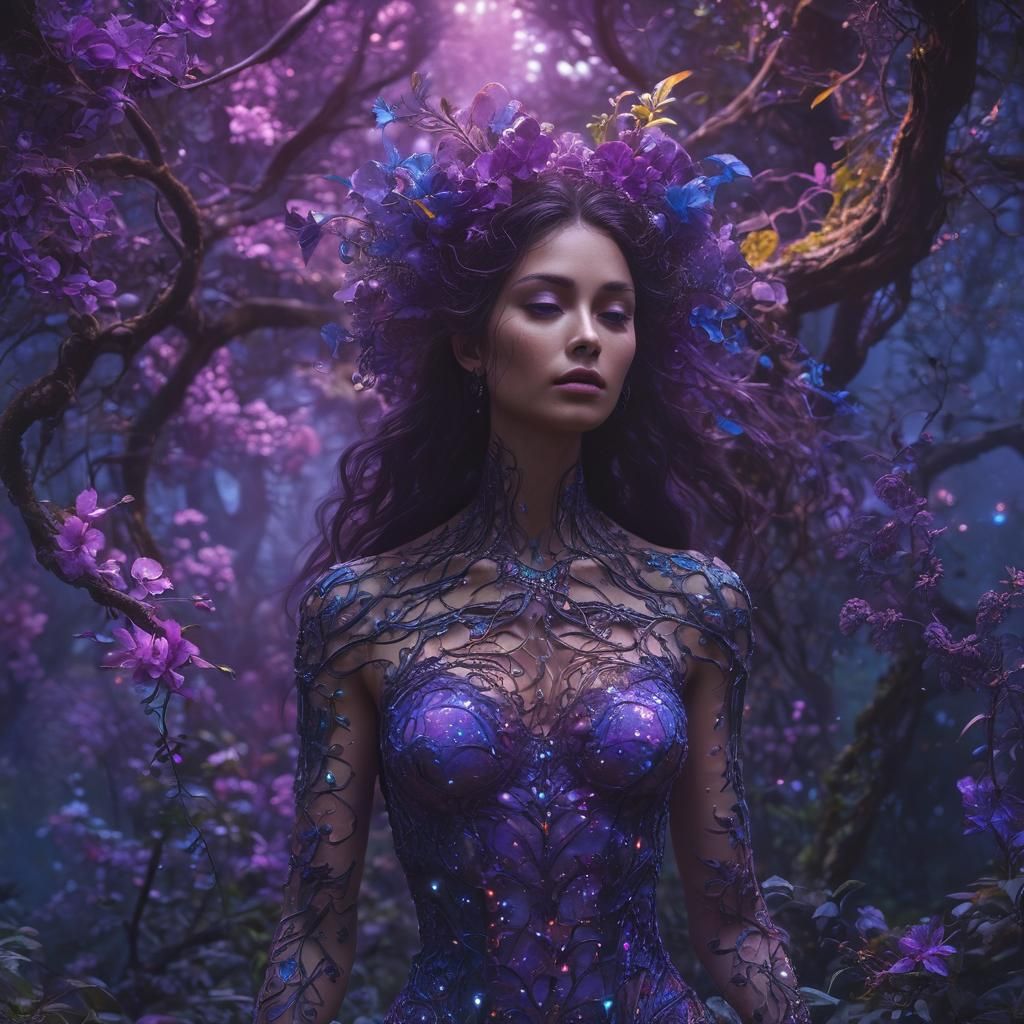 Ethereal Cosmic Goddess Embraced by Luminous Astral Forest