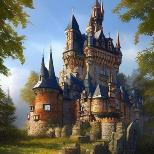 Medieval Castle in Forest: Illustration in Picture Book Styl...