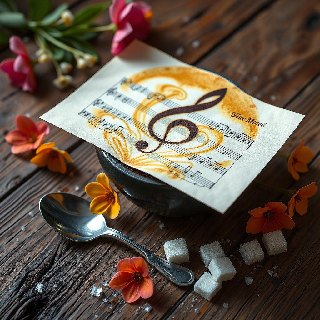 latte art of treble clef, sheet music on rough wooden table, fresh flowers, spoon, sugar cubes