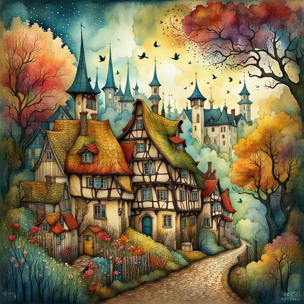 Enchanting Village: Surreal Watercolor Ink Art