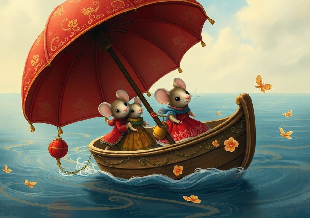 Mouse Family's Whimsical Voyage in Children's Book Style