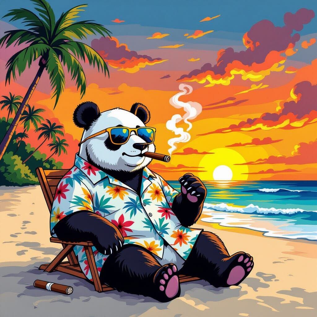 Panda Bear Smokes Cigar on Tropical Beach in Cartoon Style