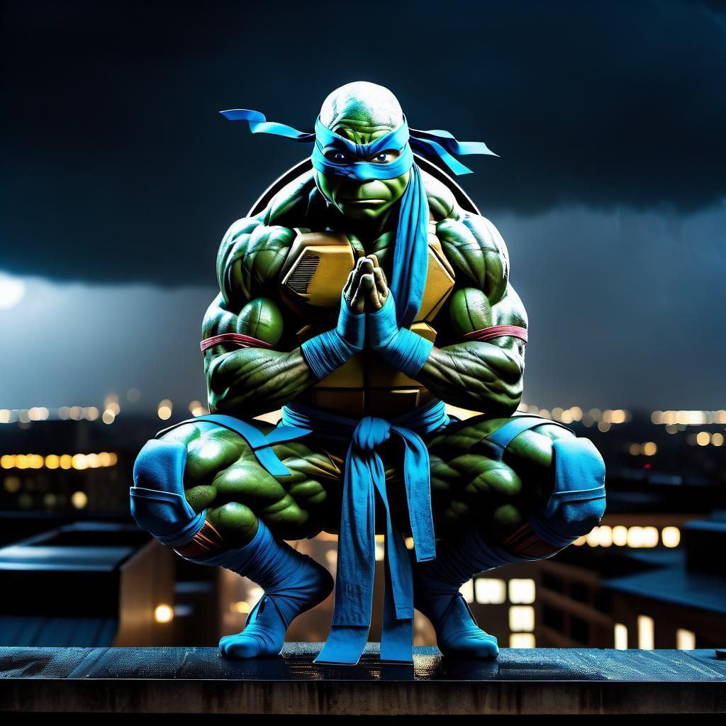 Ninja Turtle Meditates in Rainy Cityscape