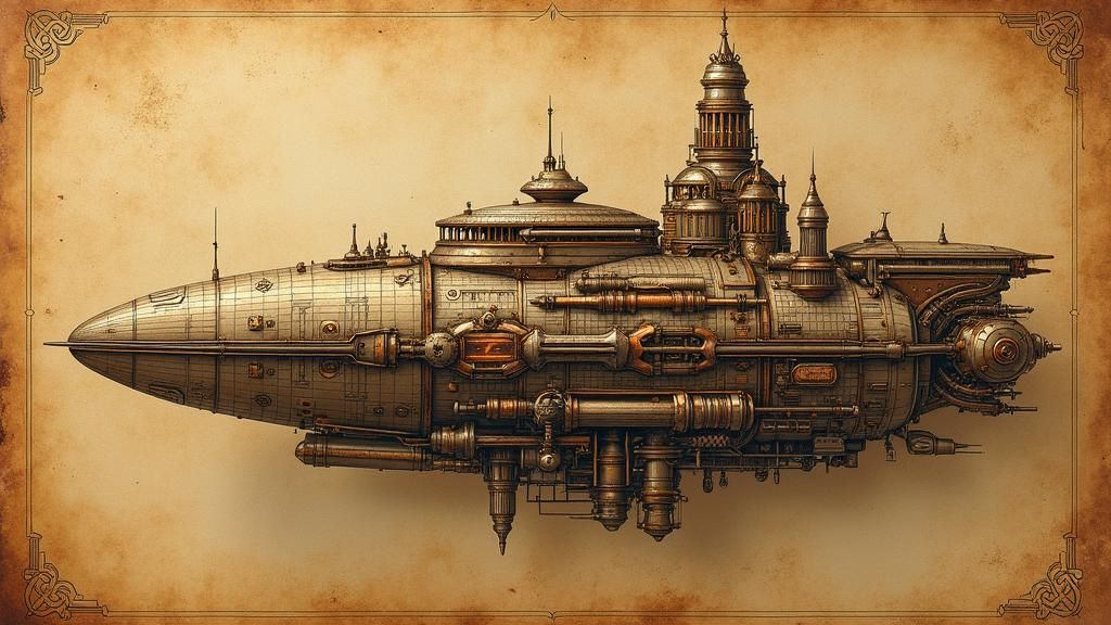 Futuristic Dhow Ship Blueprint in Steampunk Style