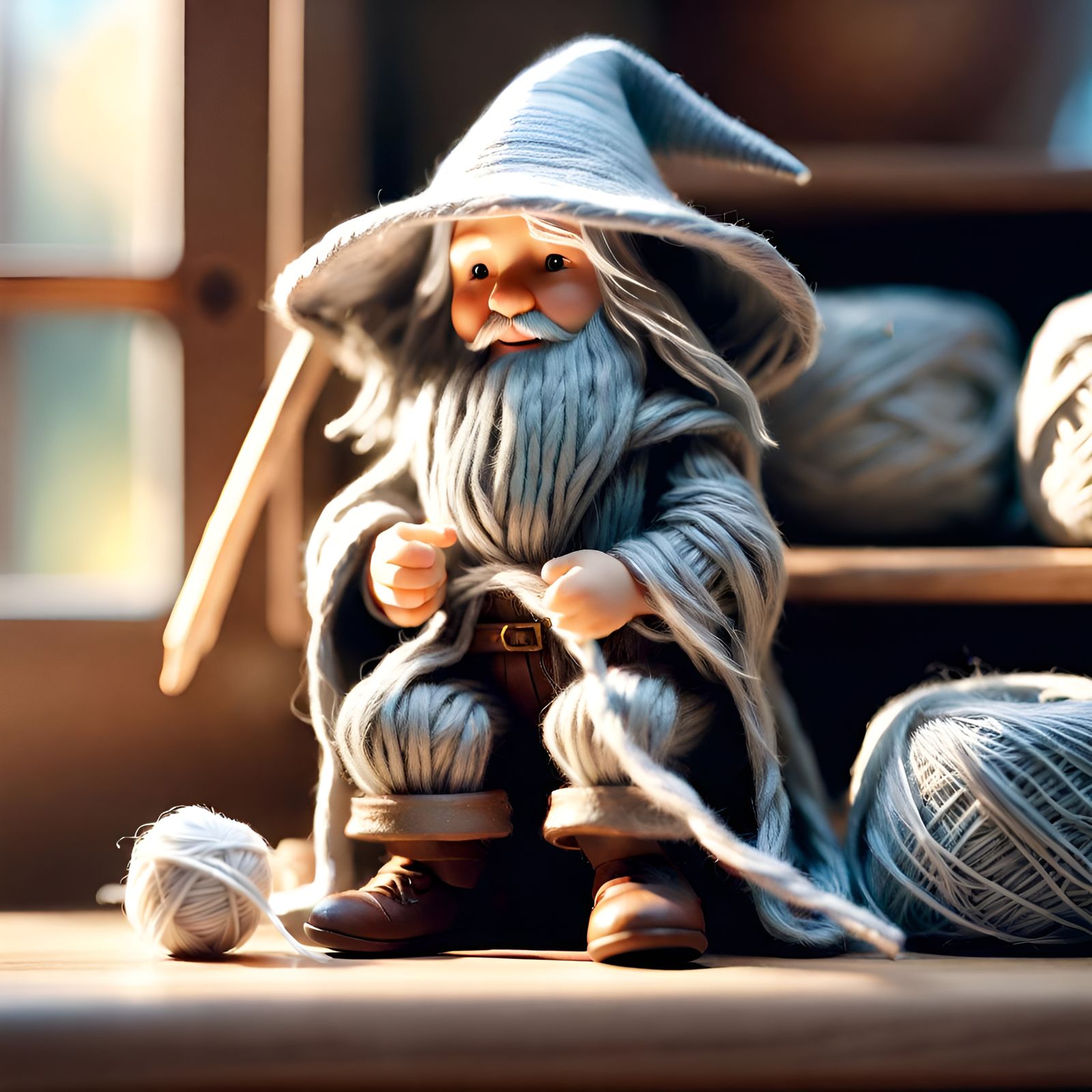Yarn Gandalf Doll on Shelf, Digital Art