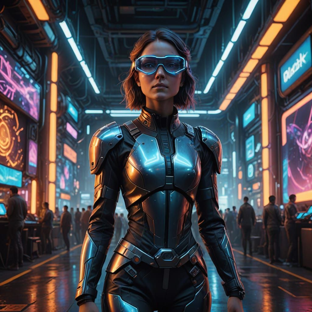 Confident Futuristic Woman in Smart Glasses, Amidst High-Tec...