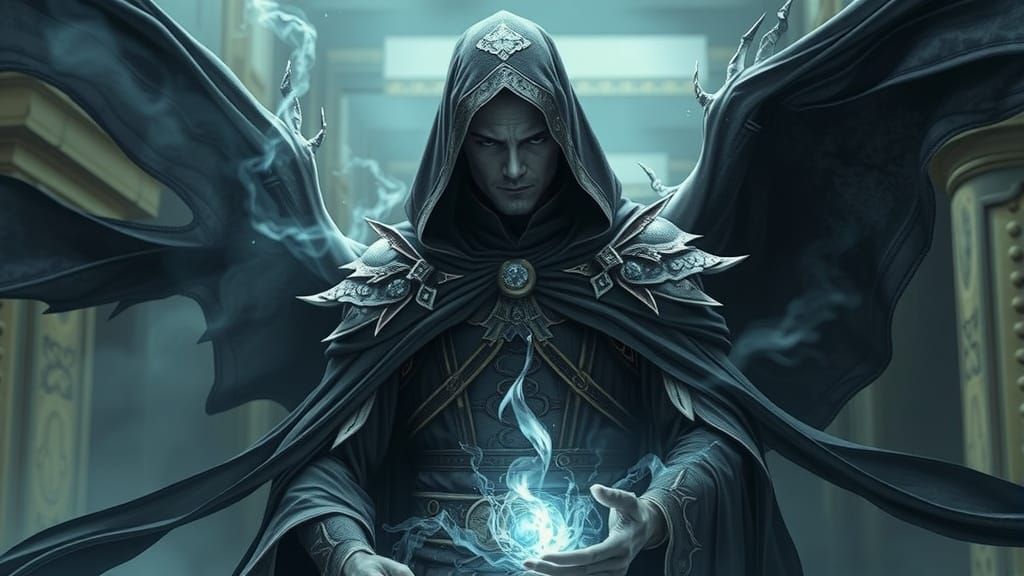 Ethereal Fantasy Portrait of a Shadow Mage in Ancient Splend...