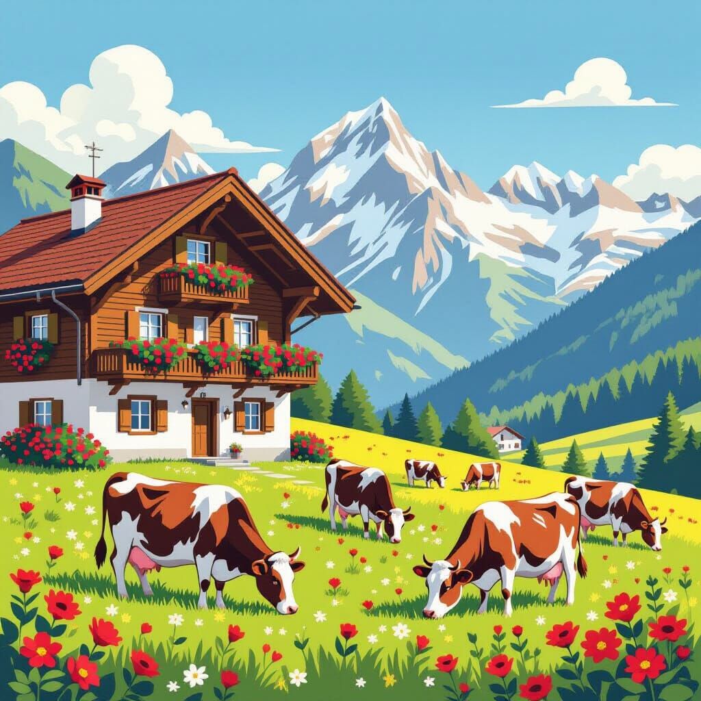 Charming Swiss Chalet in Alpine Meadow with Grazing Cows