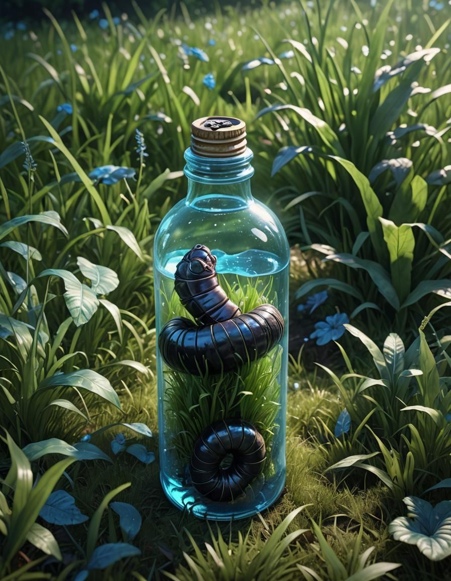 Class bottle with organic big worm