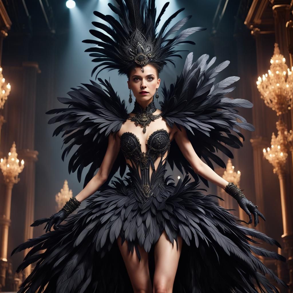Feathered Avant-Garde Showtime Outfit in Dramatic Lighting