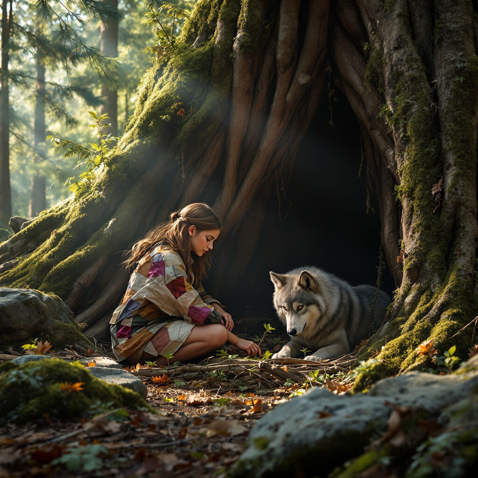 Girl and Wolf Build Forest Shelter