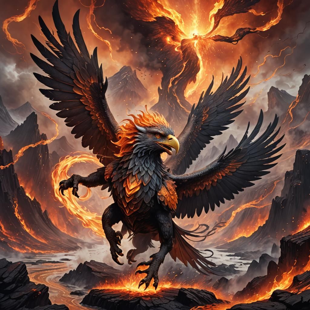 Pyraquill Griffin Soaring Through Volcanic Landscape