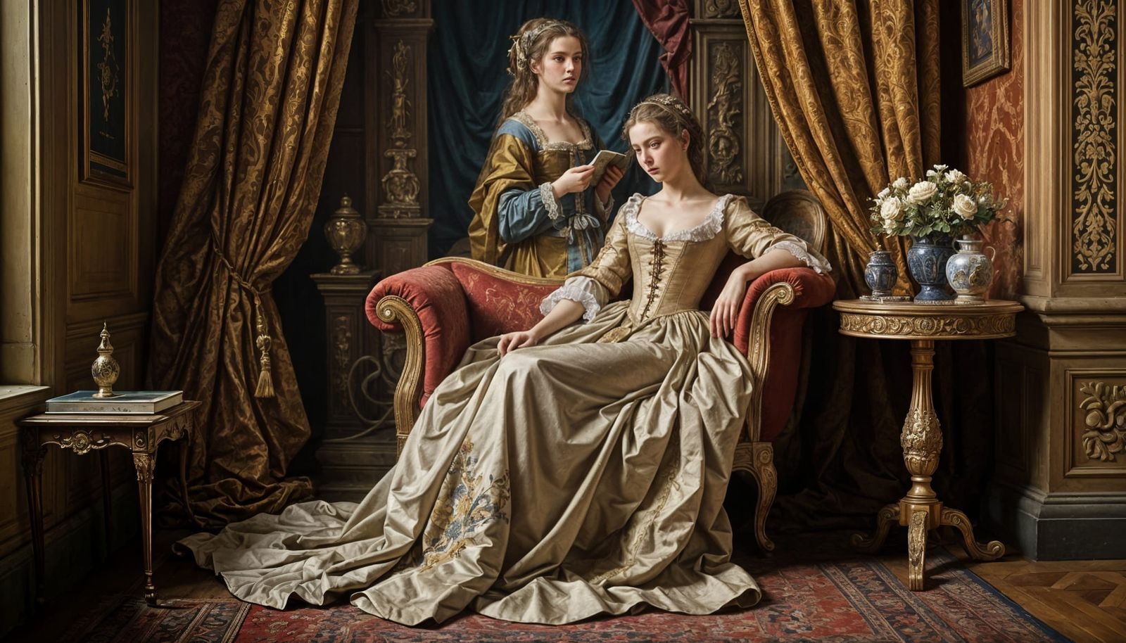 Woman in Lavish Chair with 19th-Century French Tapestry