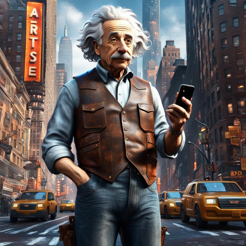 Einstein in Modern New York with iPhone, 3D Render