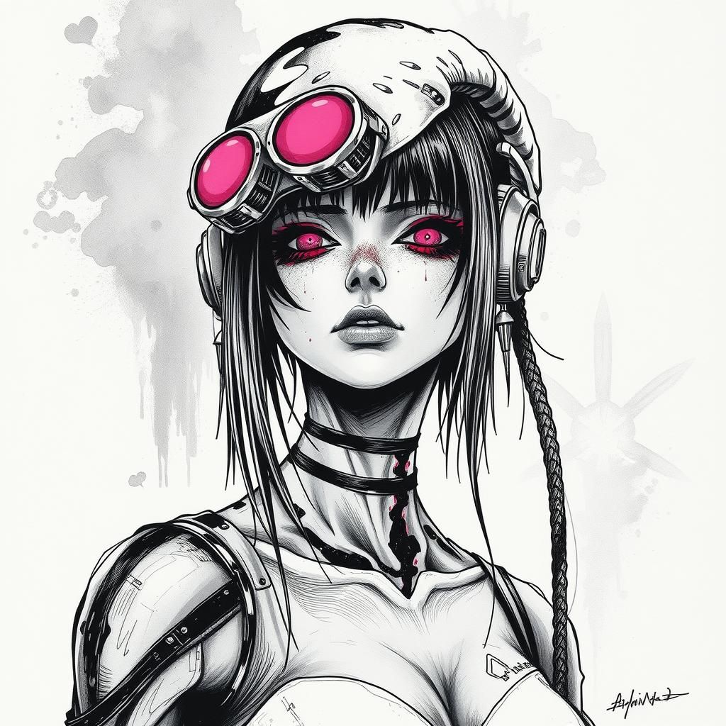 Cyberpunk Xenomorph Girl in Ink-and-Charcoal Style