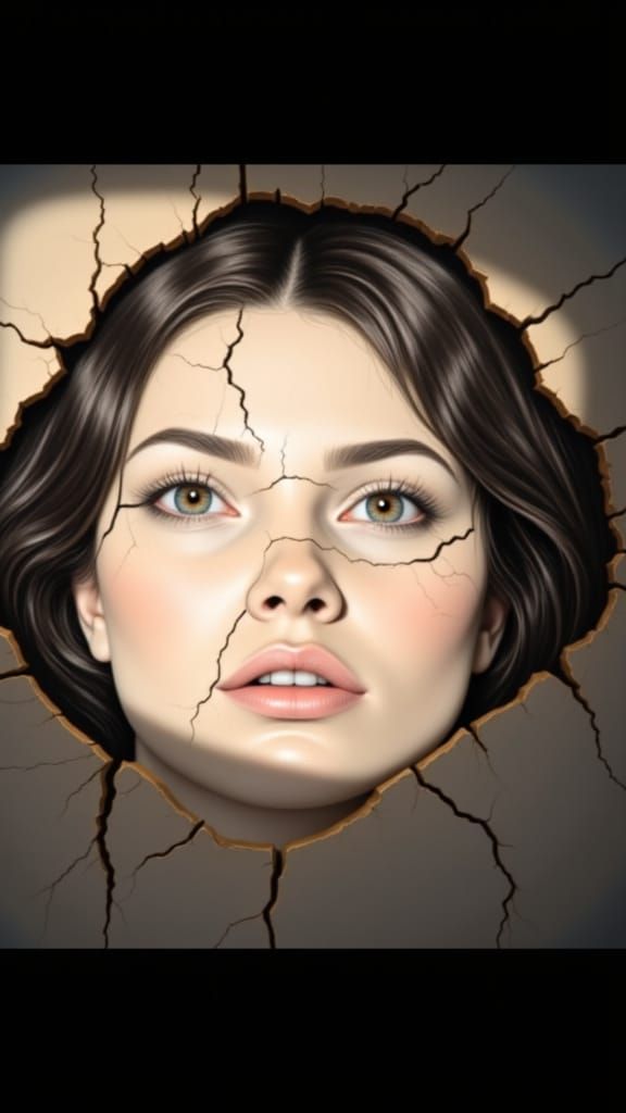 Surreal Cracked Porcelain Face in Dramatic Light