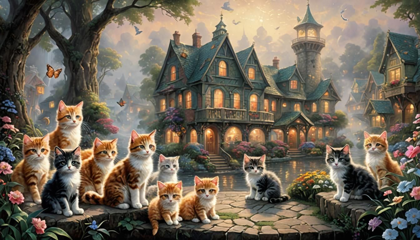 Hyperdetailed Kittens in Ethereal Fantasy Landscape