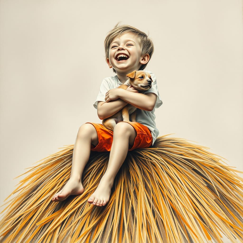 Boy and Puppy on Haystack in Charcoal Style