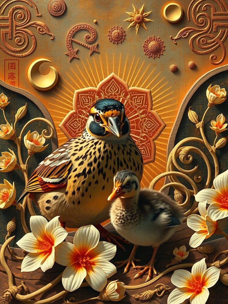 Quail and Duckling in Surreal Kintsugi Landscape