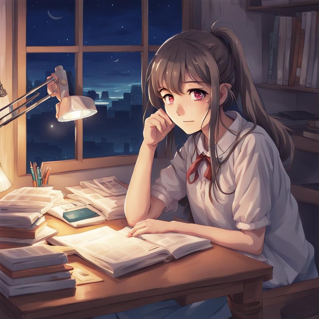 Girl's Late-Night Study Session in Anime Style
