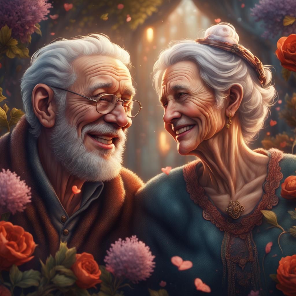 Old Couple in Love: Detailed Fantasy Drawing