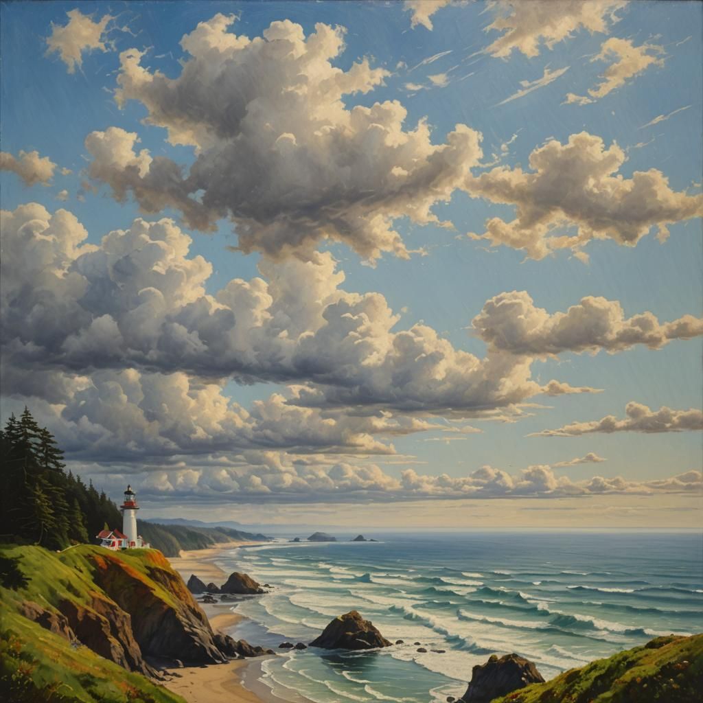 Heceta Lighthouse in Pacific Northwest, Oil Painting