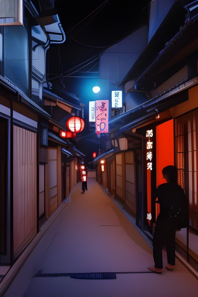 Gloomy Kyoto Alley at Night with Neon Lights